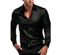 Chemises pour homme en soie teinte unie élastique, coupe ajustée, chemise décontractée de travail, coupe ajustée, à manches longues, chemise formelle avec boutons, haut de travail sans plis, ne se