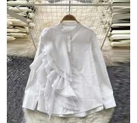 Chemisier transparent de mode pour le travail et les déplacements des femmes, chemise à manches longues avec col volant, en tissu tissé unicolore. Volant asymétrique/plissé asymétrique/col avec bouton