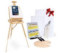 Chevalet de peintre table - Pin - Set de 30 pièces - Modèle trépied et valise - Avec peinture acrylique et pinceaux pour débutants