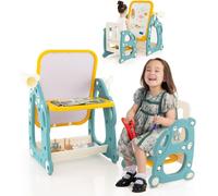 Chevalet pour enfants 2 en 1 avec tableau blanc réglable sur 3 niveaux et accessoires de peinture bleu + jaune