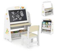 Chevalet pour enfants avec chaise - Tableau de jeu et de dessin double face - Tableau magnétique à craie et tableau blanc - Bibliothèque - Bois - Blanc