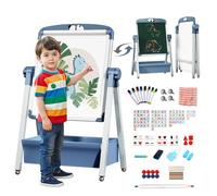 Chevalet Pour Enfants avec Rouleau de Papier 3 en 1 Double Face planche à dessin pliable, hauteur réglable Rotatif à 360 ° tableau blanc et noir avec lettres et chiffres pour garçons et filles