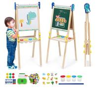Chevalet pour Enfants en Bois, 3 en 1 Tableau de Dessin Double Faces en Bois Pliable, Chevalet d'art Réglable en Hauteur avec Rouleau de Papier et Autres Accessoires pour Enfants 3+ Ans Cadeaux