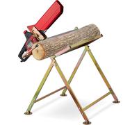 Chevalet Relaxdays avec support pour tronçonneuse, protection de chaîne, jauge, jusqu'à 120 kg, support de scie rabattable, métal, doré