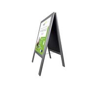 Chevalet stop trottoir bois gris avec porte affiche alu format A1 - Dimensions 126 x 67,5 cm