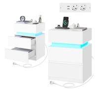 Chevet avec Station de Charge Lot de 2 - WOLTU Table de nuit - LED, 2 Prises, 2 Ports USB, 2 Tiroirs, 1 Casier - Blanc