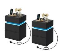 Chevet avec Station de Charge Lot de 2 - WOLTU Table de nuit - LED, 2 Prises, 2 Ports USB, 2 Tiroirs, 1 Casier - Noir