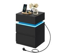 Chevet avec Station de Charge - WOLTU Table de nuit - LED, 2 Prises, 2 Ports USB, 2 Tiroirs, 1 Casier - Noir