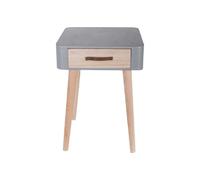 Chevet scandinave avec tiroir et poignée en polyuréthane gris.