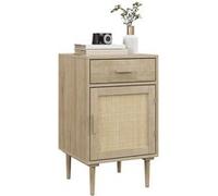 Chevet table de nuit style naturel - porte, étagère, tiroir - cannage rotin aspect bois clair Beige G