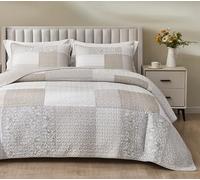 Chezmoi Collection Quinn Parure de lit 3 pièces avec Courtepointe en Coton pré-lavé - Couvre-lit réversible léger et léger avec Motif Floral Hibiscus et Rayures - Taupe Gris Blanc - Grand lit