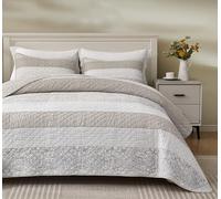 Chezmoi Collection Robyn Parure de lit 3 pièces avec Courtepointe rayée en Patchwork Floral Hibiscus Neutre Gris Taupe Blanc - Couvre-lit réversible léger pour très Grand lit