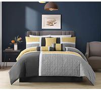 Chezmoi Collection Upland Parure de lit 7 pièces Patchwork en Polyester, Jaune/Anthracite/Gris, très Grand lit