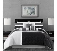 Chezmoi Collection Upland Parure de lit 7 pièces Patchwork en Polyester, Noir/Gris/Gris Clair, lit Double