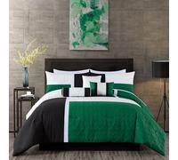 Chezmoi Collection Upland Parure de lit 7 pièces Patchwork en Polyester, Vert/Noir/Blanc crème, très Grand lit