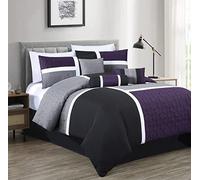 Chezmoi Collection Upland Parure de lit 7 pièces Patchwork en Polyester, Violet/Noir/Gris, très Grand lit
