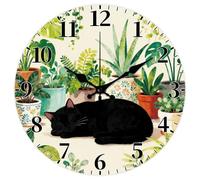 CHGCRAFT Horloge Murale Ronde à Motif de Chat Noir 12(5) cm sans Tic Tac avec Plantes en Pot à Piles pour Chambre Salon Cuisine Bureau