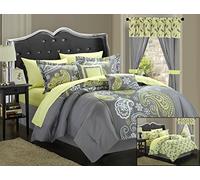 Chic Home Couette complète réversible 20 pièces - Lit dans Un Sac avec Ensemble de Drap, traitements de fenêtre et oreillers décoratifs - Coton - Gris - Très Grand lit