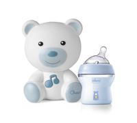 Chicco Ensemble biberon et veilleuse NF 150ml, lampe portable en forme d'ours avec musique et sons relaxants, biberon anti-colique 150ml, avec tétine en silicone douce et flexible, bleu clair, 0 mois+
