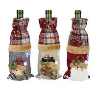 CHICIRIS Lot de 3 Housses de Bouteille de Vin en Lin, Rouge, Gris, Beige, avec Motif Bonhomme de Neige, Père Noël, Renne, pour Sacs Cadeaux de Vin
