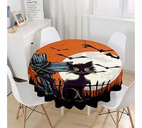Chickw1 Nappe Ronde Anti Tache Impermeable, Halloween Nappe en Polyester Imprimé Citrouille Chat Noir 3D pour Table à Manger de Cuisine/Jardin/Fête/Pique-Nique (Chat Maléfique,150cm)