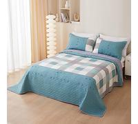 Chickwin Boutis Couvre-lit Matelassé en Coton 1 Personne, Luxueux Fleurs Réversible Dessus de Lit Édredon avec 2 Taies d'oreiller, Couverture Courtepointe (150x200cm,Grille Bleue)