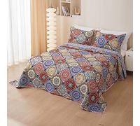 Chickwin Boutis Couvre-lit Matelassé en Coton 1 Personne, Luxueux Réversible Dessus de Lit Édredon avec 2 Taies d'oreiller, Couverture Courtepointe (150x200cm,Mandala)