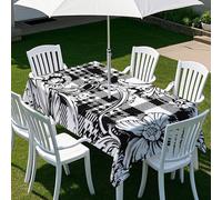 Chickwin Nappe Rectangulaire d'extérieur à Carreaux Rétro 3D avec Trou de Parasol et Fermeture éclair pour Table de Jardin, Nappe Imperméable Antitache Terrasse Fête BBQs (Noir Et Blanc 2,260x150cm)