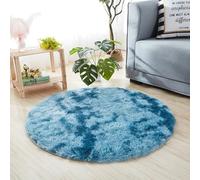 Chickwin Tapis Salon Poil Long, Tapis Chambre Rond Shaggy Moderne Tie Dye Moquette Salon Poil Long Moelleux Doux Lavable avec Fond Antidérapant pour Chevet Canapé Intérieur (Bleu Paon,120cm)