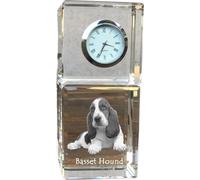 Chien de chasse basset - horloge en cristal avec photo, photo de chien dans le cristal, horloge de table personnalisée de la marque Art-Dog