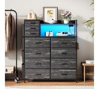 Chiffonnier 11 Tiroirs Tissu LED Station De Charge USB - Noir/Gris | Cadre métal robuste, plateau MDF effet bois, poches + crochets latéraux, kit anti-basculement inclus, rangement chambre salon