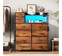 Chiffonnier 11 Tiroirs Tissu LED Station De Charge USB - Noir/Gris | Cadre métal robuste, plateau MDF effet bois, poches + crochets latéraux, kit anti-basculement inclus, rangement chambre salon