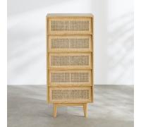 Chiffonnier 5 tiroirs en bois de pin et rotin clair, L55 cm 55x120.2x45cm Beige