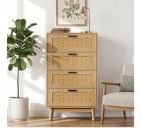 Chiffonnier avec 4 tiroirs en rotin, Commode haute - Style scandinave - Commode étroite pour chambre, Commode Chêne 55x40x95 cm