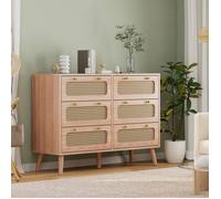 Chiffonnier cannage rotin 6 tiroirs, Commode Bois Massif avec Grand Espace de Rangement, Meuble de Rangement, Aspect Bois Clair