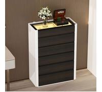 Chiffonnier de Chambre avec Lumières LED et Dessus en Verre, Commode avec 6 Tiroirs en Bois, 85 x 40 x 130cm, Brun Foncé et Blanc
