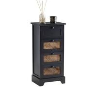 Chiffonnier JASMIN petite commode avec 4 tiroirs, style vintage bohême, en bois de paulownia lasuré noir et rotin