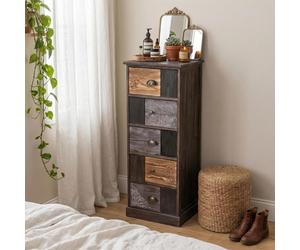 Chiffonnier MARA avec 5 tiroirs, commode en bois de paulownia style vintage ethnique bohême avec gravures