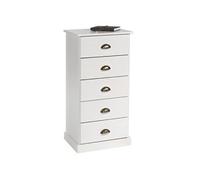 Chiffonnier PARIS en pin massif, 5 tiroirs, lasuré blanc