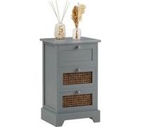 Chiffonnier ROSHNI 3 tiroirs, petit meuble de rangement design vintage élégant, commode en bois lasuré gris et rotin Gris G