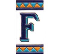 Chiffres de maison en céramique, lettres et cadres, motif espagnol orange et bleu, dimensions du carreau : 11 cm H x 6 cm, taille du cadre : 2 à 13 carreaux (lettre F).