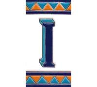 Chiffres de maison en céramique, lettres et cadres, motif espagnol orange et bleu, dimensions du carreau : 11 cm H x 6 cm, taille du cadre numéroté : 2 à 13 carreaux (lettre I)