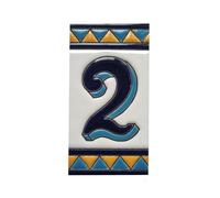 Chiffres de maison en céramique, lettres et cadres, motif espagnol orange et bleu, dimensions du carreau : 11 cm H x 6 cm, taille du cadre : 2 à 13 carreaux (numéro 2)