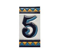 Chiffres de maison en céramique, lettres et cadres, motif espagnol orange et bleu, dimensions du carreau : 11 cm H x 6 cm, taille du cadre : 2 à 13 carreaux (numéro 5)