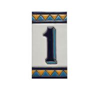 Chiffres de maison en céramique, lettres et cadres, motif espagnol orange et bleu, dimensions du carreau : 11 cm H x 6 cm, taille du cadre : 2 à 13 carreaux (numéro 1)