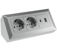 ChiliTec Bloc multiprise d'angle 2 prises avec terre USB-A USB-C PD Multiprise pour cuisine bureau atelier Argent Gris