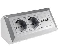 ChiliTec Bloc multiprise d'angle - 2 prises de contact de protection - 2 prises USB-A 3,1 A - Multiprise pour cuisine, bureau, atelier - Gris argenté