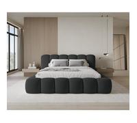 Chilly. Design Lit Stone 200 x 200 - Lit Coffre Rembourré - 2 Personnes - Revêtement Élégant Tissu Bouclé Noir