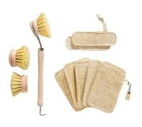 Chinchilla® Lot de 7 éponges luffa + 1 Brosse à Vaisselle avec 3 têtes interchangeables | 7 éponges durables de différentes Tailles | Brosse de Cuisine avec Poils en Fibres Naturelles | Réutilisable