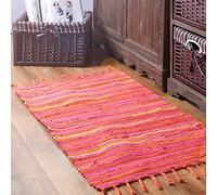 Chindi Tapis en tissu de coton réversible tissé à la main à rayures multicolores lavable en machine pour chambre à coucher, salon, cuisine et buanderie Orange 61 x 89 cm